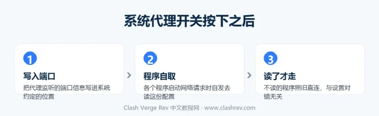 Clash Verge Rev 系统代理设置的工作机制：写入端口信息后由程序自行读取